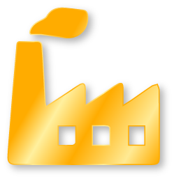A stylized yellow factory with a tall chimney emitting smoke