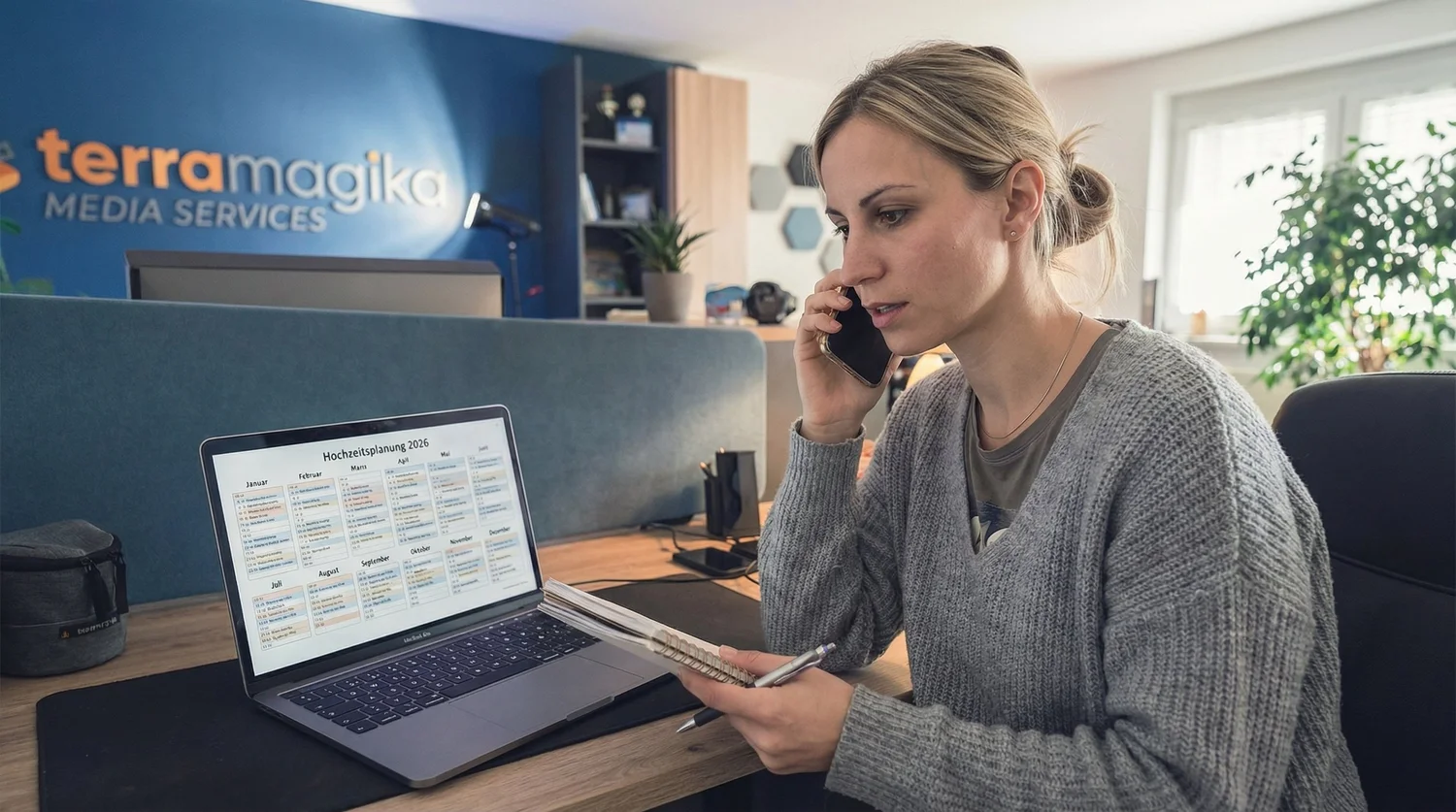 Frau arbeitet in einem Büro, spricht am Telefon und hat einen Kalender mit Hochzeitsplanungen auf dem Laptop geöffnet.