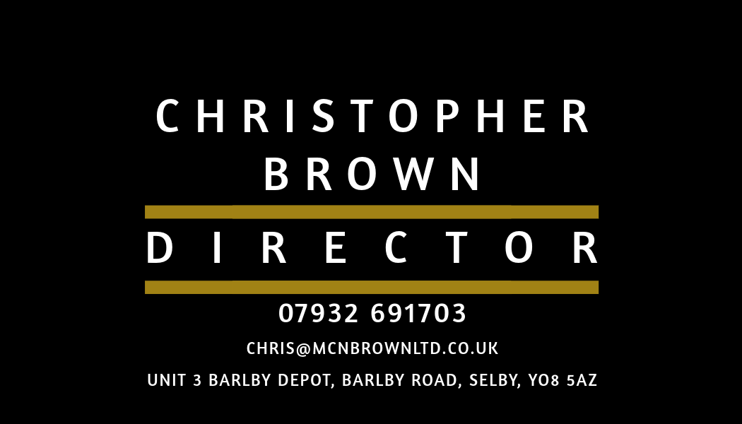 Business card for Christopher Brown, Director, with phone number, email, and address on black background.