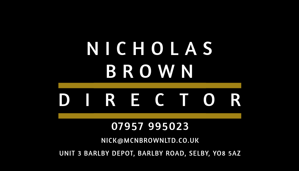 Business card for Nicholas Brown, Director, with phone number, email, and address.