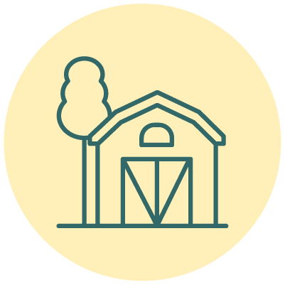 Outline illustration of a barn with a tree next to it on a beige circular background.