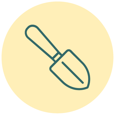 Illustration of a trowel, a gardening tool with a pointed metal blade and a handle.
