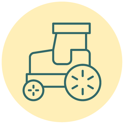 Line drawing of a toy tractor with large wheels on a cream-colored circular background