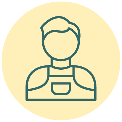 Line drawing of a person wearing a shirt with a pocket, shown from the shoulders up, on a light yellow circular background.