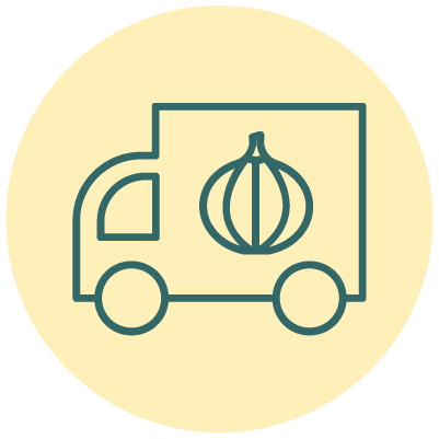 Line drawing of a food truck with an onion icon on it, set against a beige circular background.