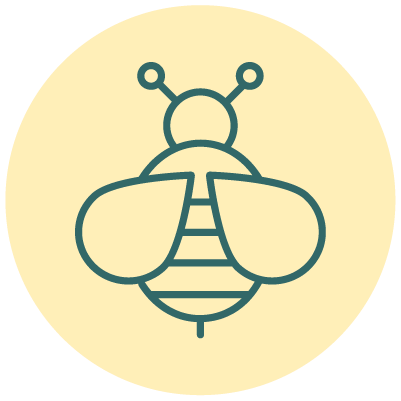 Illustration of a bee with antennae and striped body, on a light yellow background.