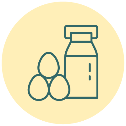 Illustration of eggs and a milk container, on a light background.