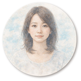 Portrait of a young woman with shoulder-length hair, wearing a light-colored top, against a soft, cloudy background