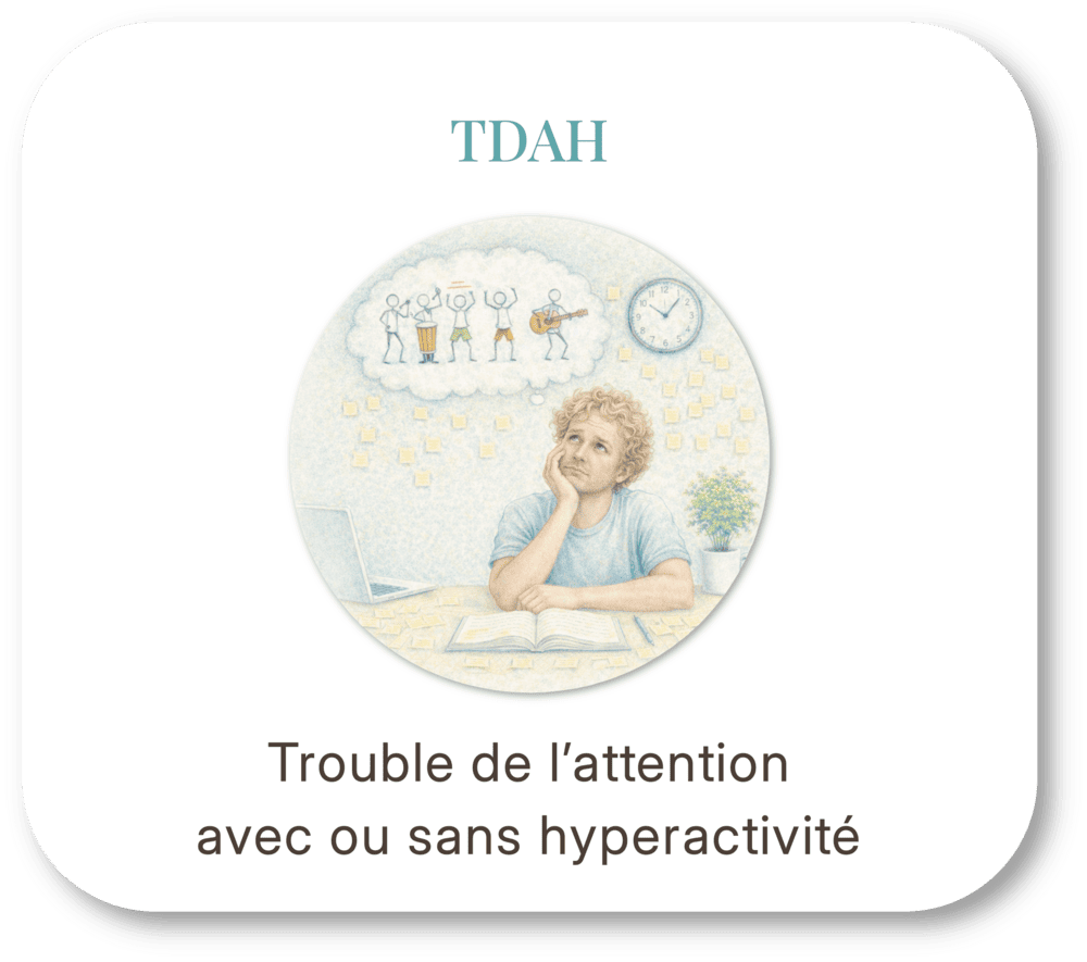 Illustration of a young boy with blond curly hair sitting at a desk, resting his head on his hand, surrounded by sticky notes, a laptop, and a potted plant. A thought bubble shows children playing drums, singing, and playing guitar. Text reads 'TDAH' and 'Trouble de l'attention avec ou sans hyperactivité,' indicating attention deficit disorder.