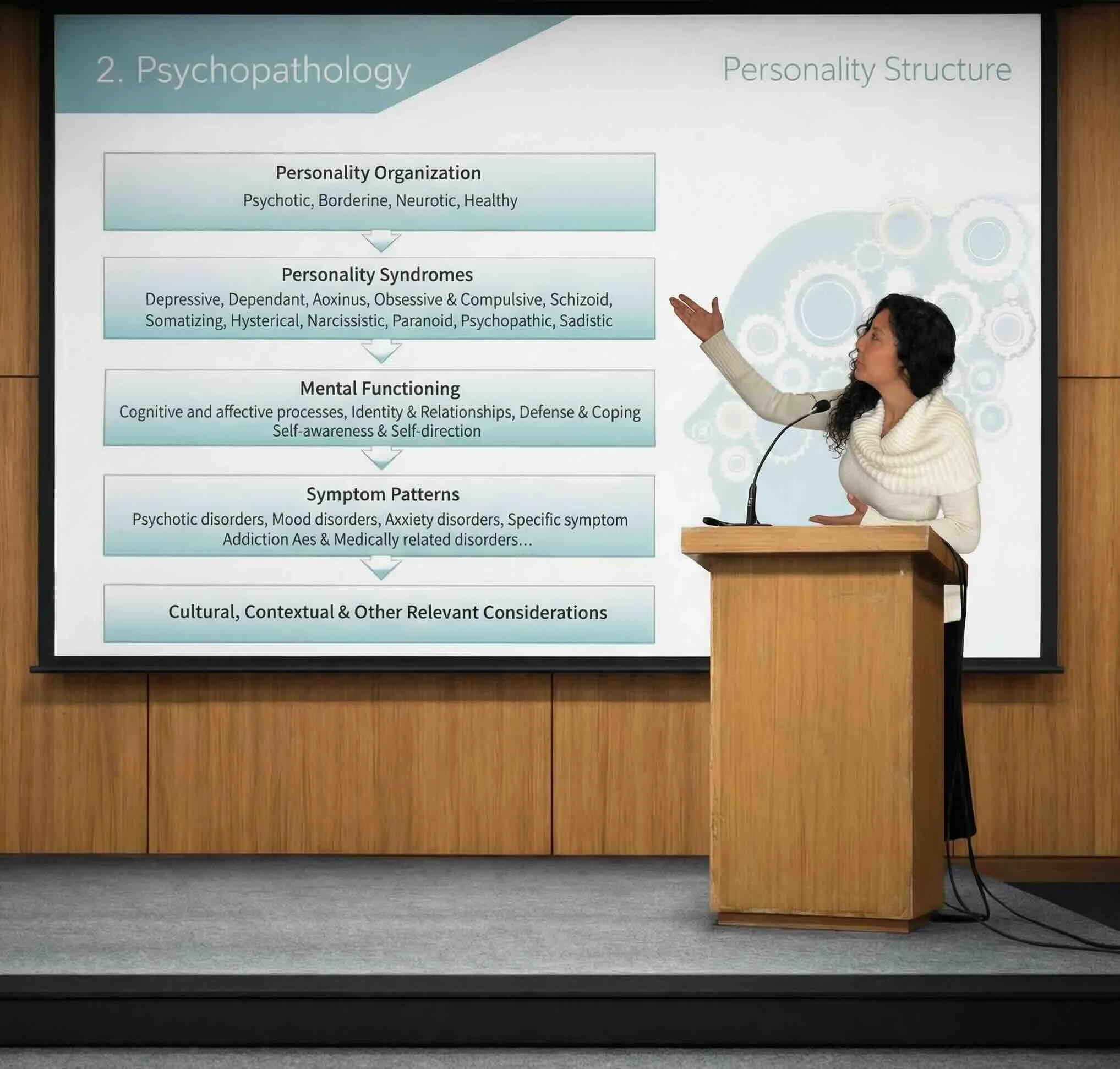 Sandra Laujin, psychoanalyst and clinical psychologist, giving a lecture on psychopathology and personality structure