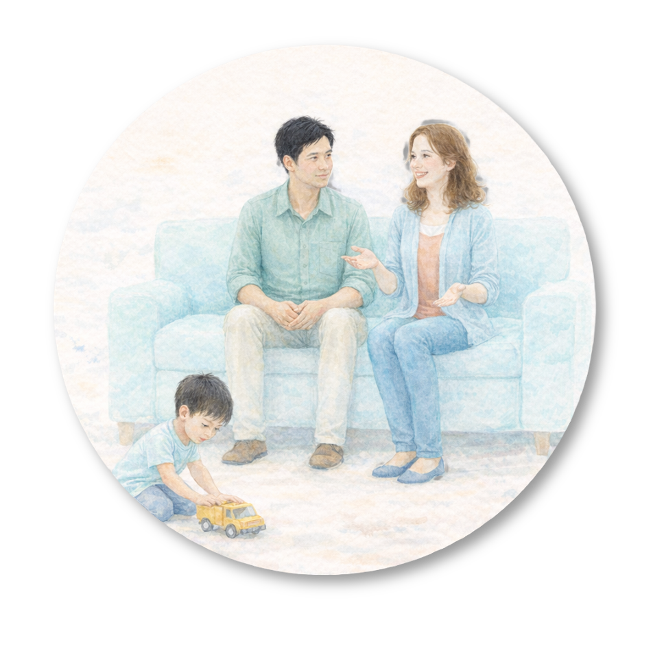 A watercolor illustration of a family sitting on a light blue sofa in a living room. A young man and woman are talking, and a small boy is playing with a yellow toy truck on the floor.
