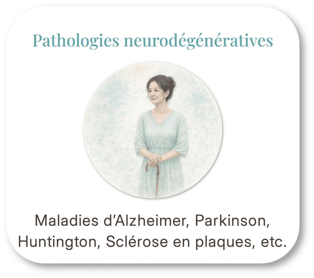 A medical infographic titled "Pathologies neurodégénératives" with an illustration of a woman in a medical gown holding a cane, and a list of neurological diseases including Alzheimer's, Parkinson's, Huntington's, and multiple sclerosis.
