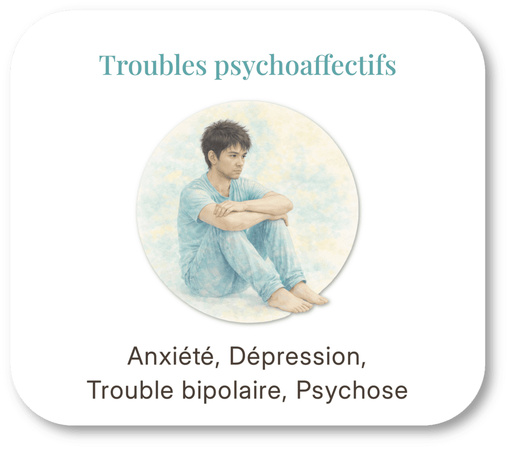 A cover for a booklet or book titled "Troubles psychoaffectifs" with a young man sitting with knees to his chest, looking thoughtful. Descriptive text lists anxiety, depression, bipolar disorder, and psychosis.