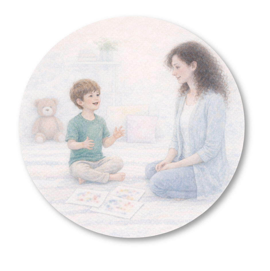A young boy and a woman sit on the floor in a room, engaging in a conversation. The boy has curly hair and is wearing a green shirt, and the woman has curly hair and is dressed casually. There are drawing papers and crayons on the floor between them, with a teddy bear and some toy boxes in the background.