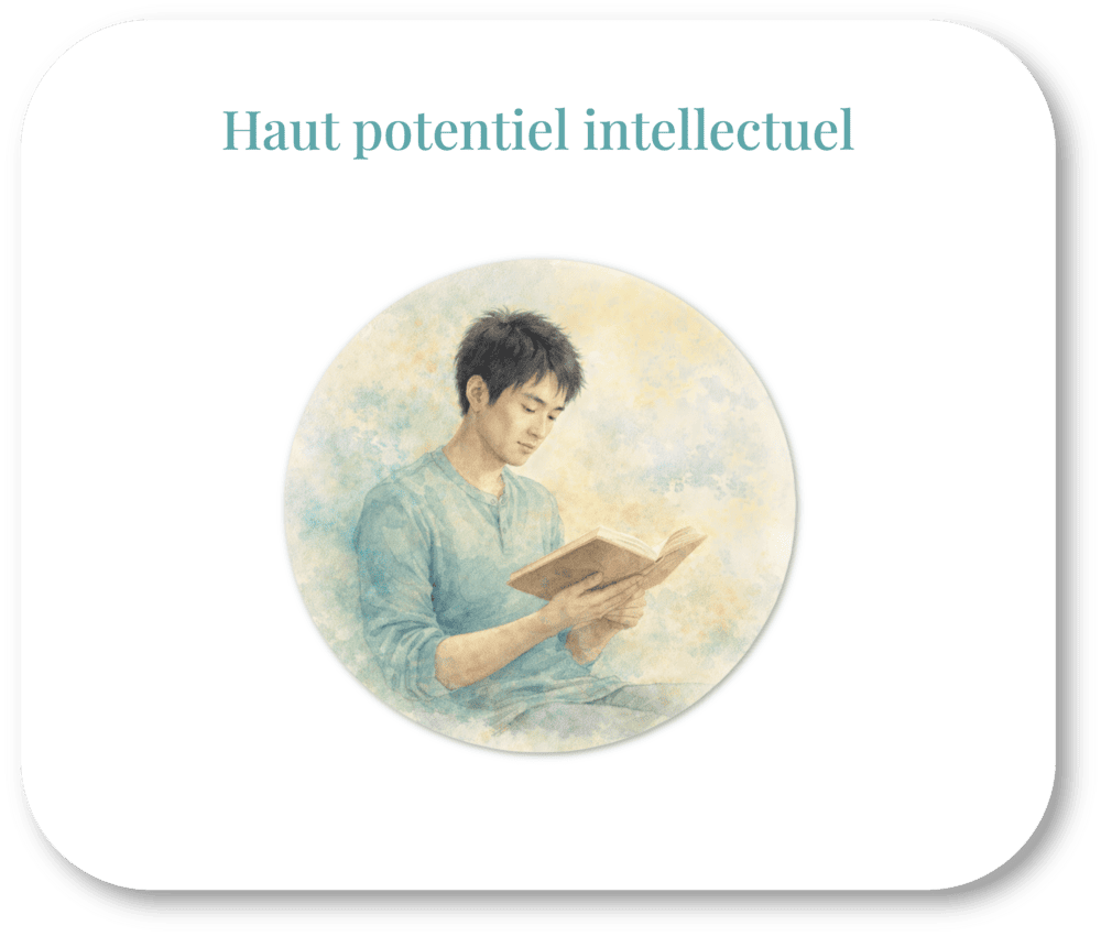 An illustration of a person reading a book, with the French title 'Haut potentiel intellectuel' above.