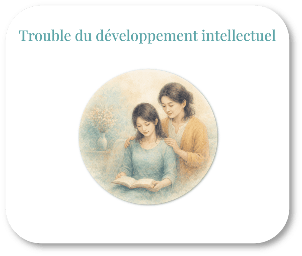 An illustration of two women, one younger and one older, with the older woman comforting the younger woman, who is reading a book, with the text "Trouble du développement intellectuel" above them.