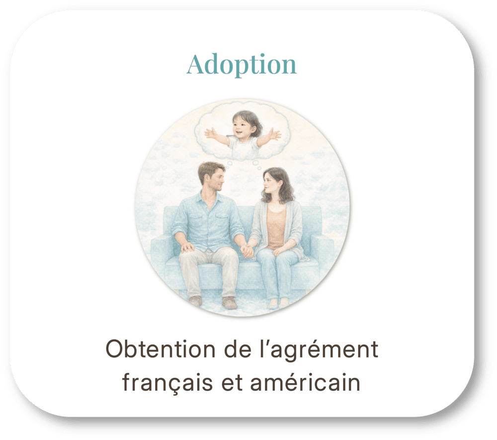 Illustration of a couple sitting on a couch holding hands, with a child in a bubble above them, representing adoption and approval in French and American contexts.