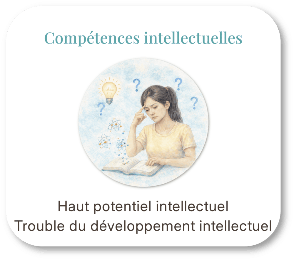 A woman appears to be studying or thinking with questions marks around her, a light bulb labeled idea, and atom illustrations, with text in French and English about high intellectual potential and developmental delays.