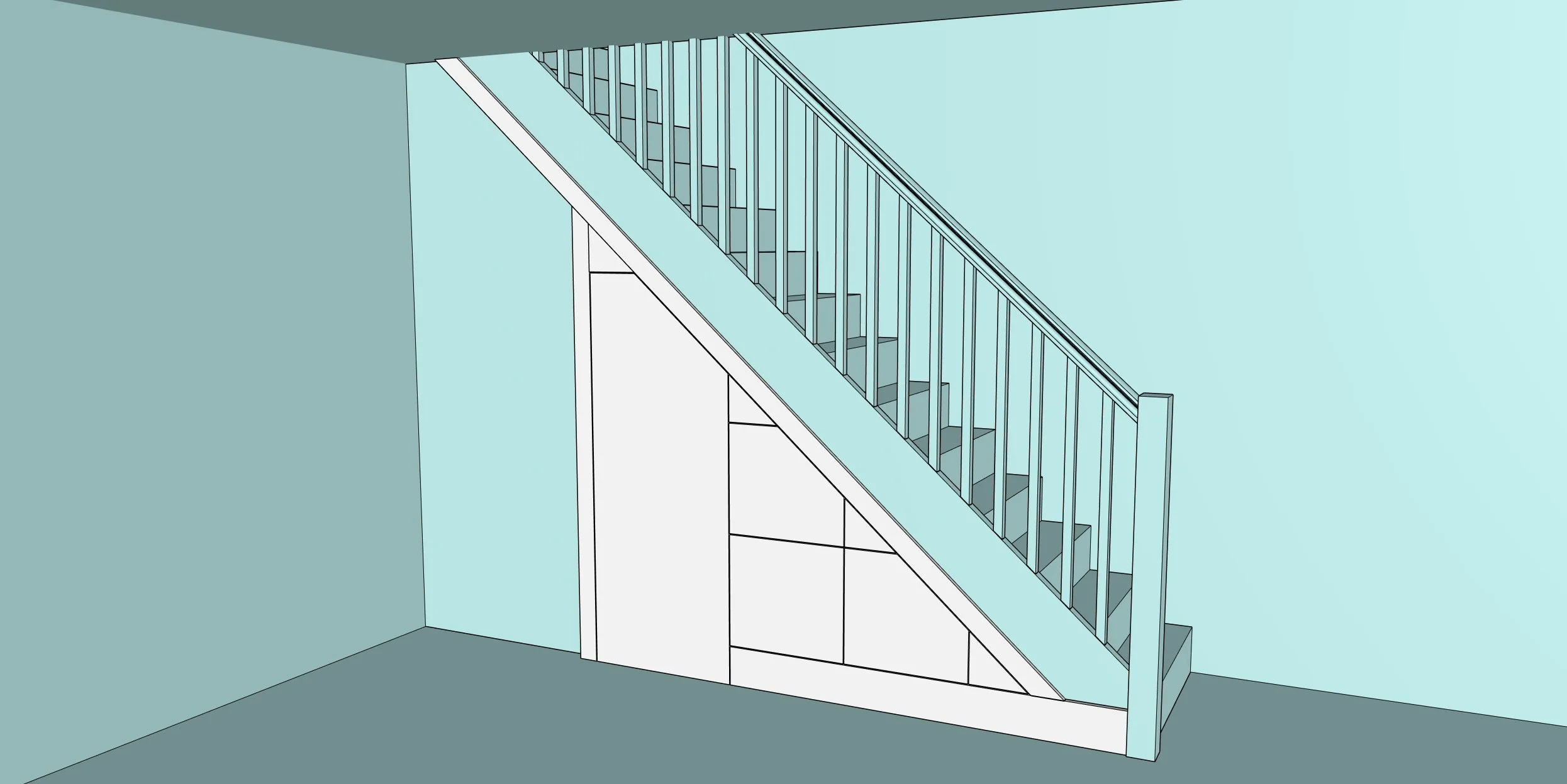 Digital illustration of a staircase with a simple railing, seen from below, in a room with light blue walls.