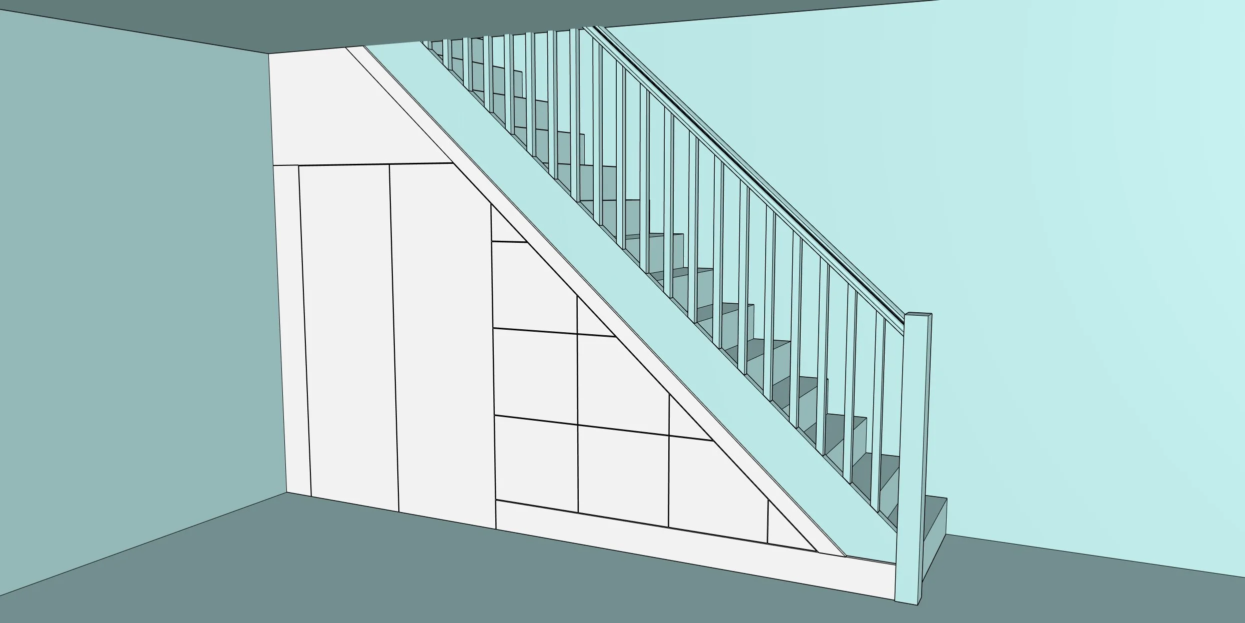 Digital illustration of a staircase with wooden steps, metal railings, and a lower wall with white paneling in a modern interior.