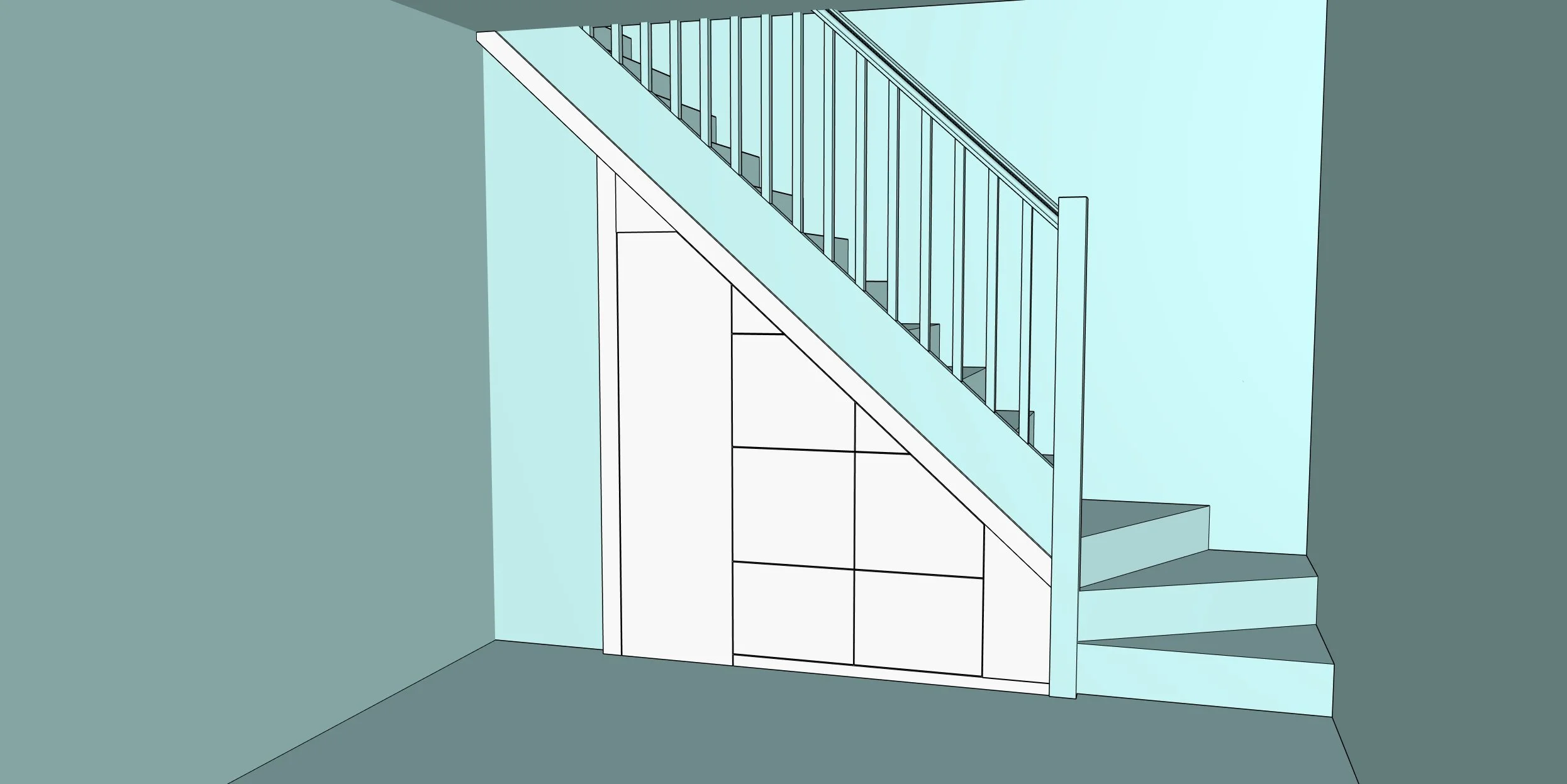 Digital sketch of a staircase with a simple railing, leading up to an unseen second level, in a room with light blue walls and a gray floor, with built-in storage behind the staircase.