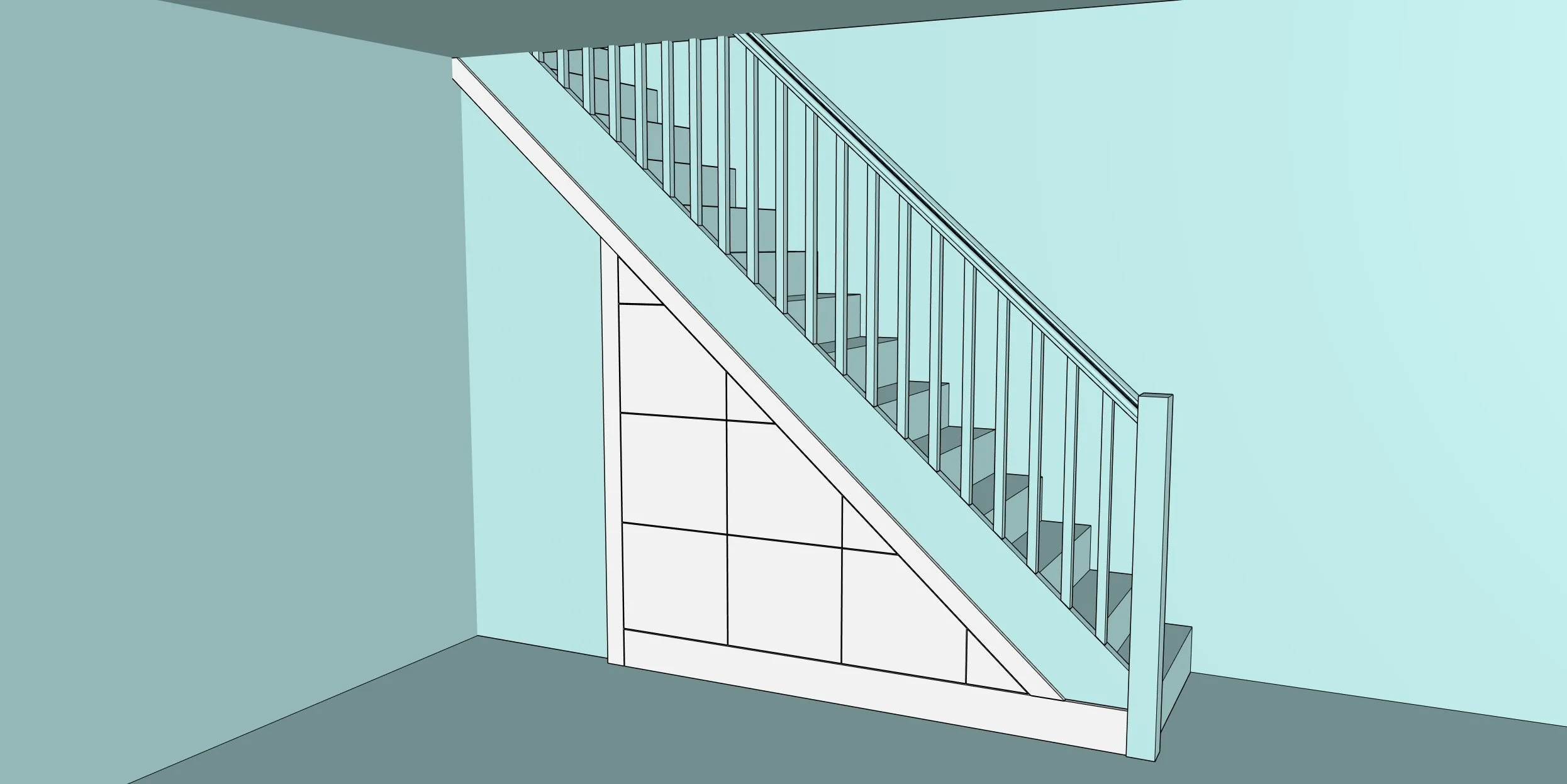 Digital rendering of an indoor staircase with a simple white railing and open riser design, against a light blue wall.