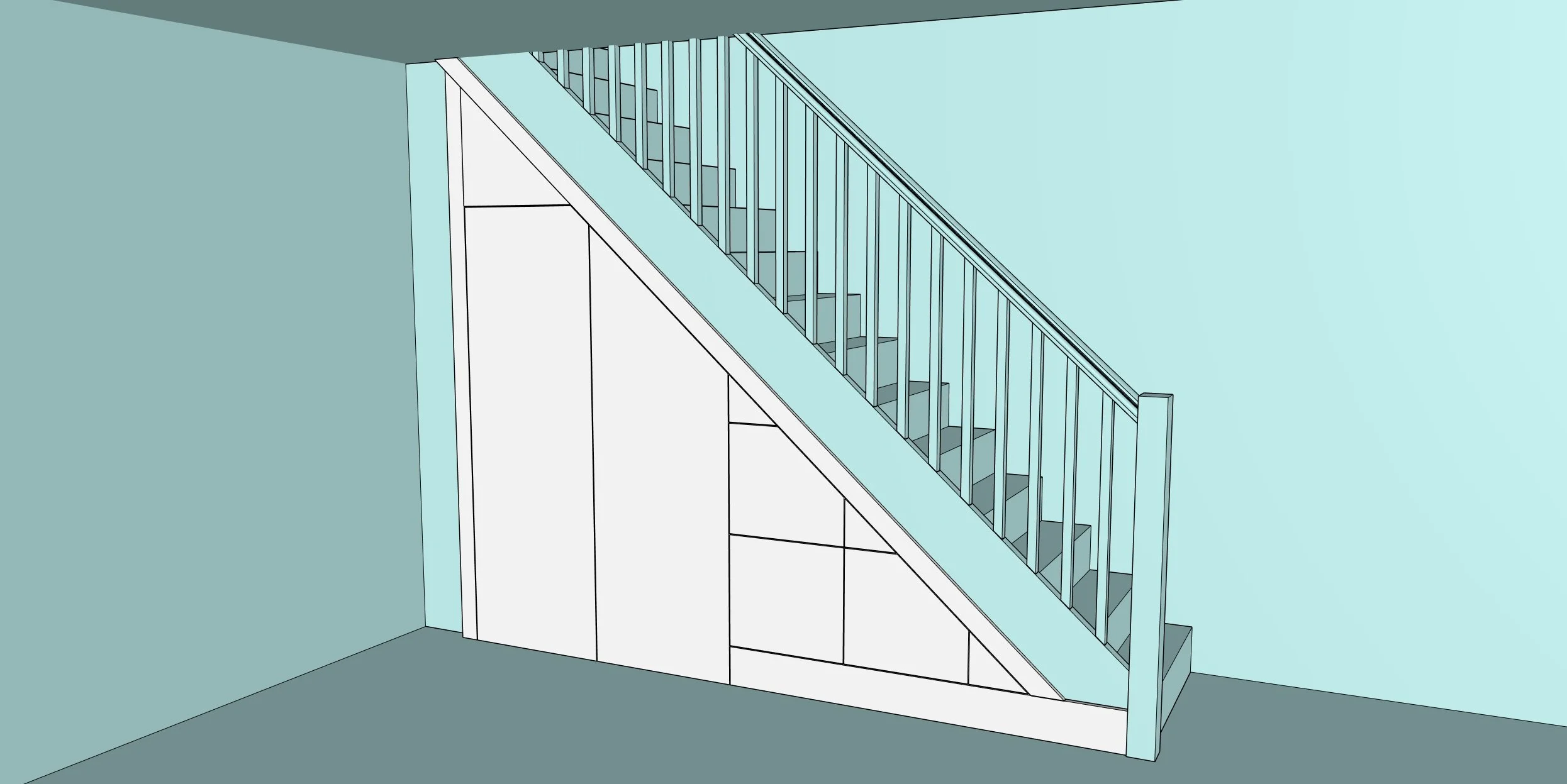 Digital illustration of a staircase with wooden steps and vertical railings, against a light blue wall in an interior setting.