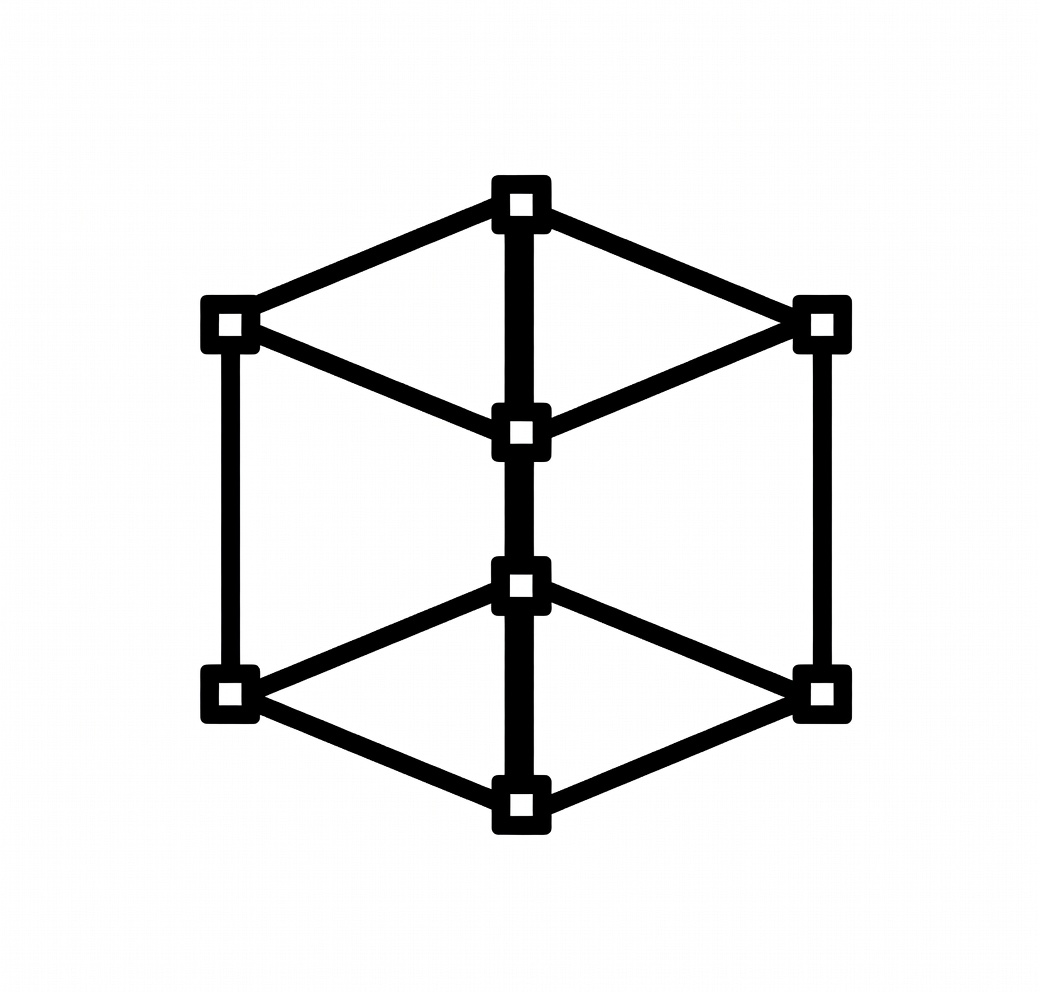 Diagram of a 3D cube with nodes at each corner connected by lines, representing a wireframe model.