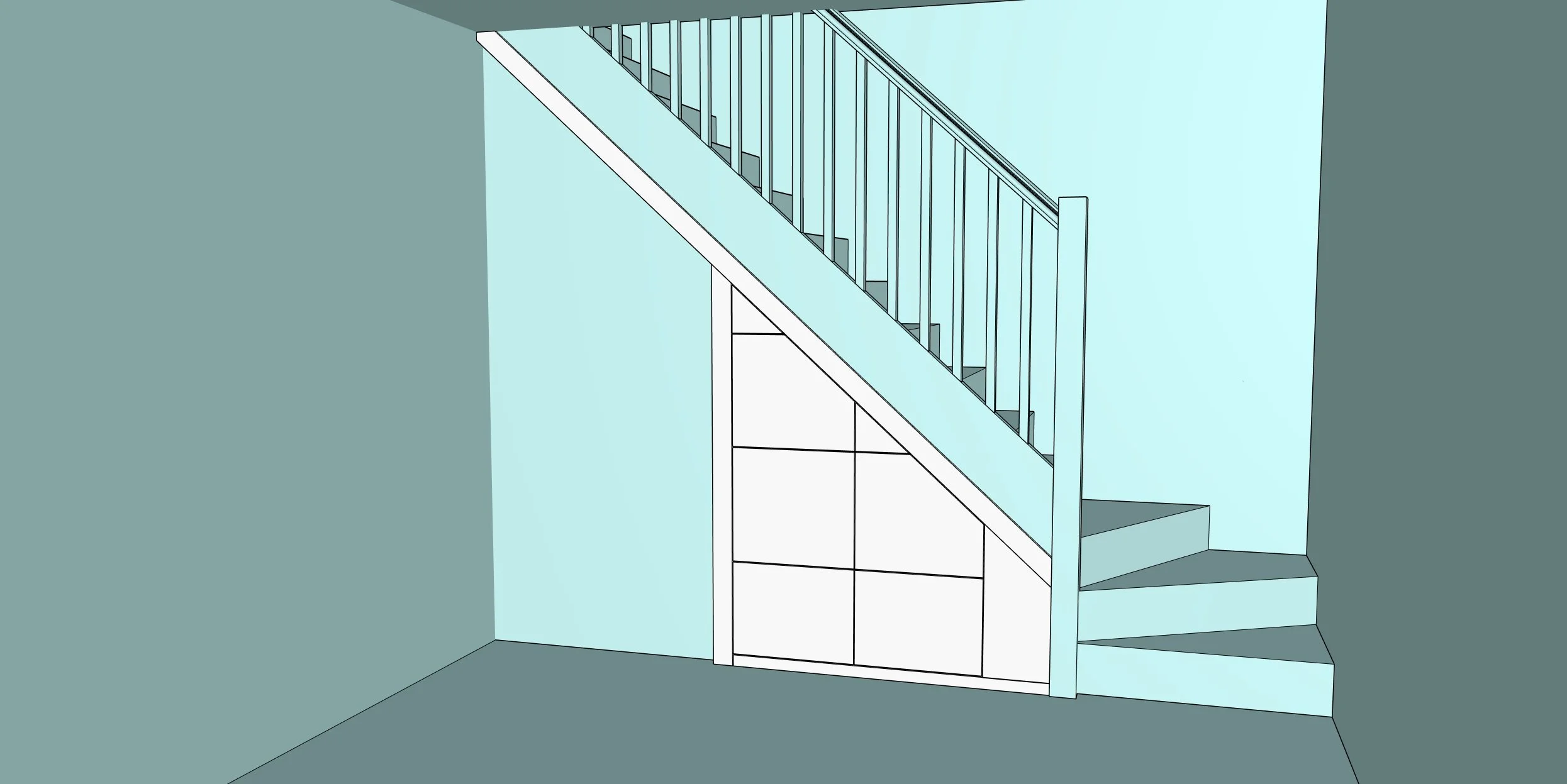A digital illustration of a staircase with a railing, situated in a room with light blue walls and gray floors. The staircase leads to the upper level, and there is a corner with a cabinet or storage area underneath.