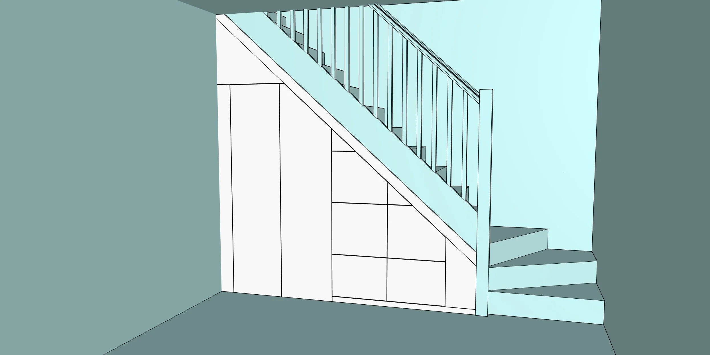 Digital drawing of a staircase with an open riser design, wooden steps, and metal railing, situated in a corner with plain walls.