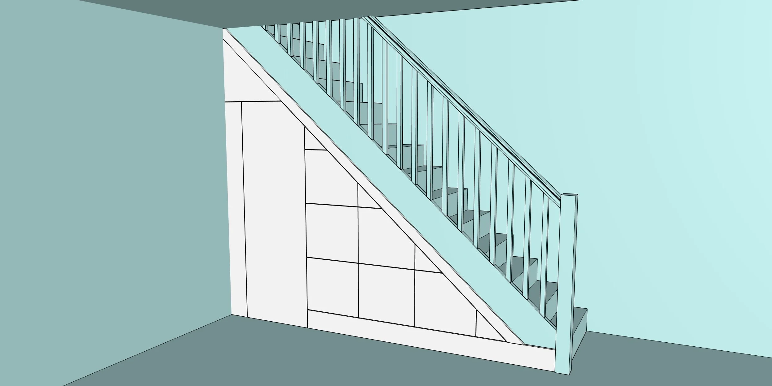 Drawing of an interior staircase with light blue walls, gray steps, and a wooden railing, viewed from below.