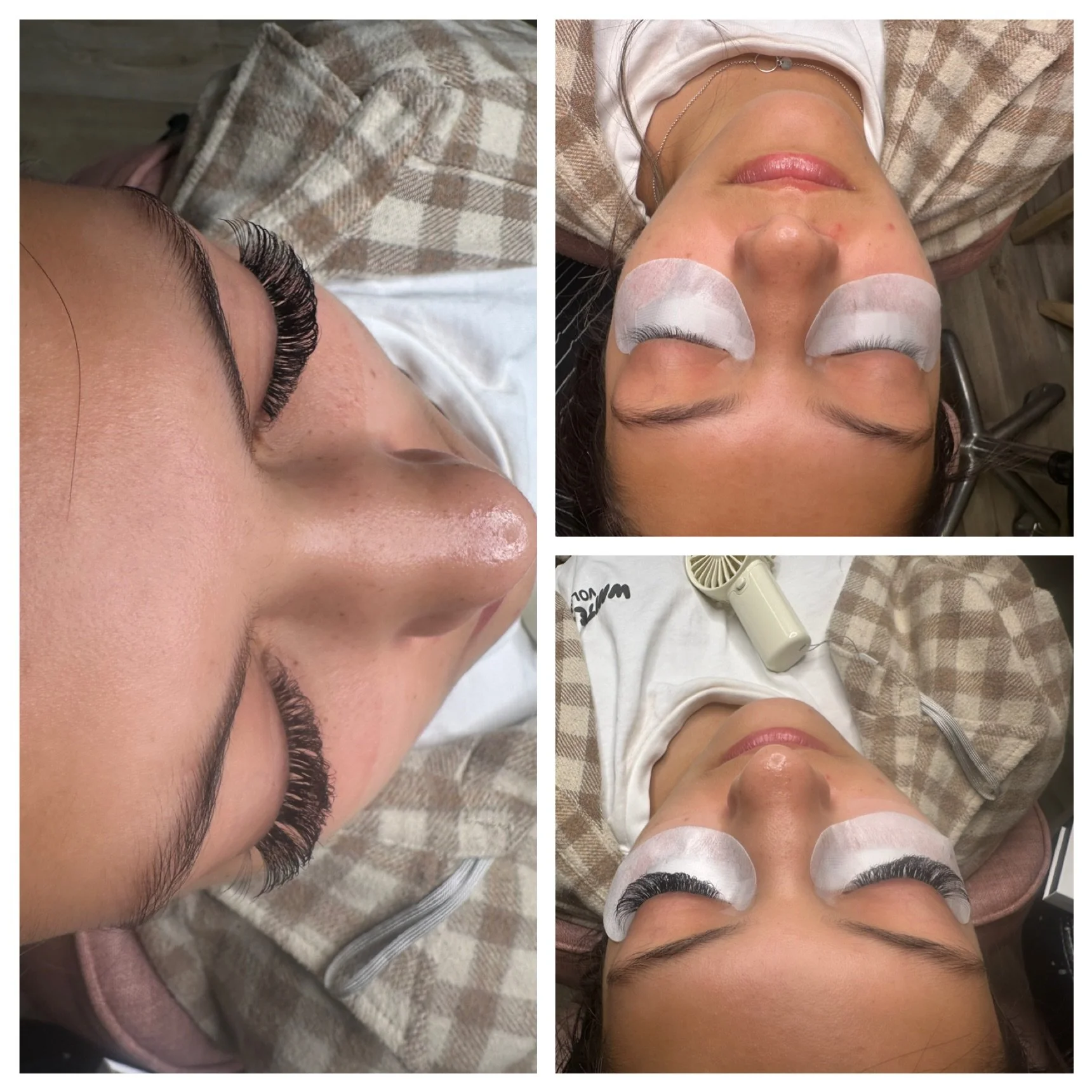 A collage of four photos showing a woman lying down at a beauty or skincare clinic. She has eyelash extensions applied and facial eye pads in place during a skincare treatment.