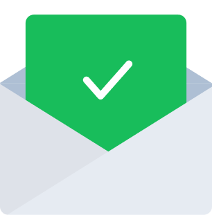 Green checkmark inside a white envelope, indicating confirmed or successful message.