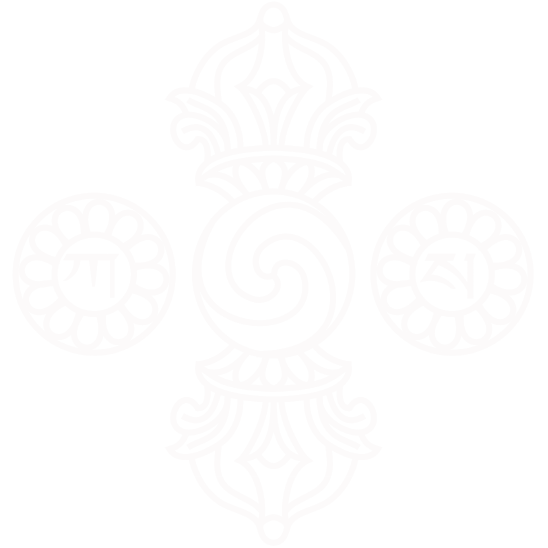 A symmetrical decorative design with a central spiral pattern, topped with ornate elements, flanked by two circular symbols with intricate borders and central characters.
