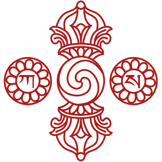 Red tribal-style design featuring a central spiral and symmetrical patterns with two circular symbols containing traditional characters on either side.