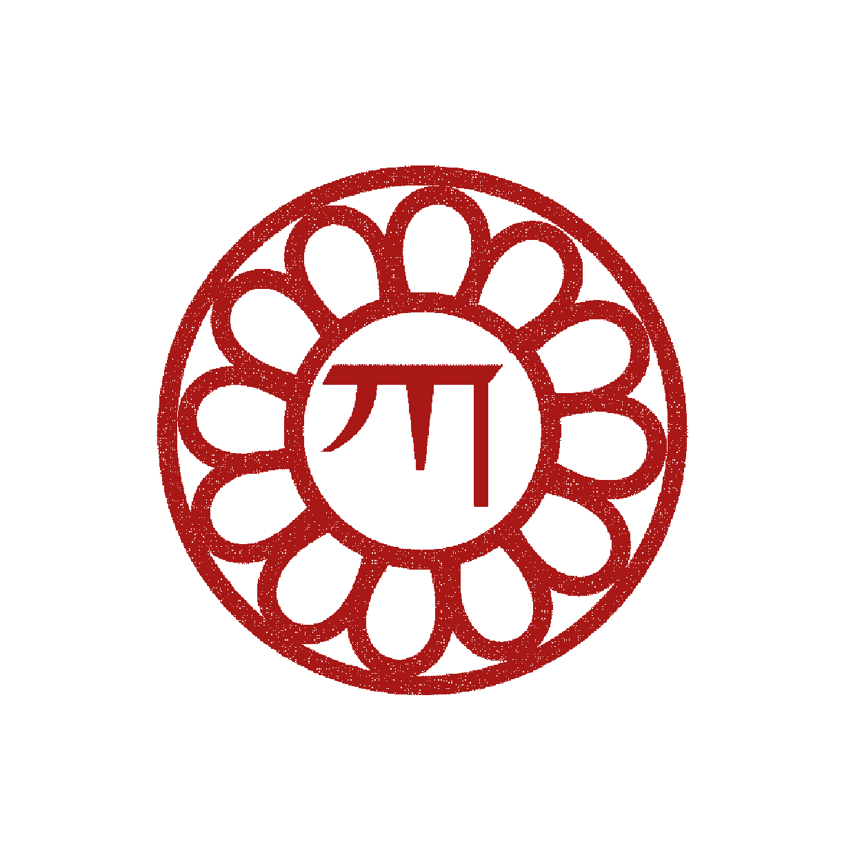 A red circular emblem with a floral pattern surrounding the Greek letter Pi in the center, on a black background.