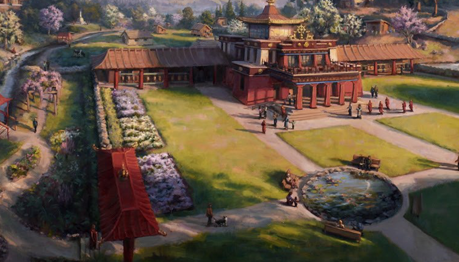 Painting of an Asian-style temple complex with gardens, a pond, and pathways, surrounded by trees and flowering plants.