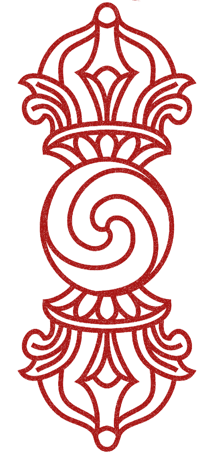 Intricate red decorative pattern with symmetrical floral and spiral elements on a black background.