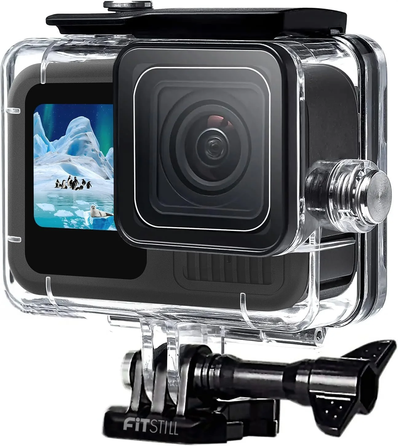 A GoPro camera encased in a clear waterproof housing with a small display screen showing a snowy mountain scene with penguins, mounted on a black tripod or mount.