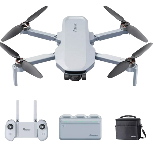A white drone with four propellers, remote controller, batteries, and carrying case.