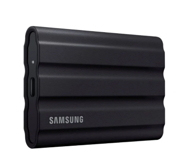 Black Samsung portable external hard drive with a textured surface and three ridged lines.
