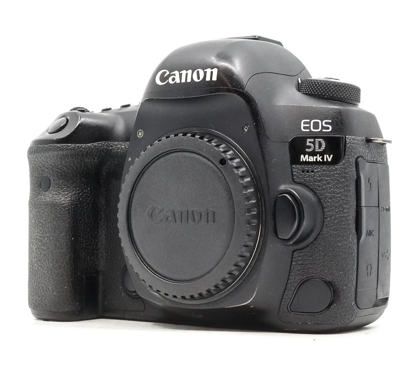 A black Canon EOS 5D Mark IV DSLR camera body without a lens, showing the front and right side of the camera.