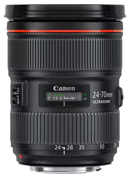 Canon 24-70mm ultrasonic camera lens with adjustable zoom and focus rings.