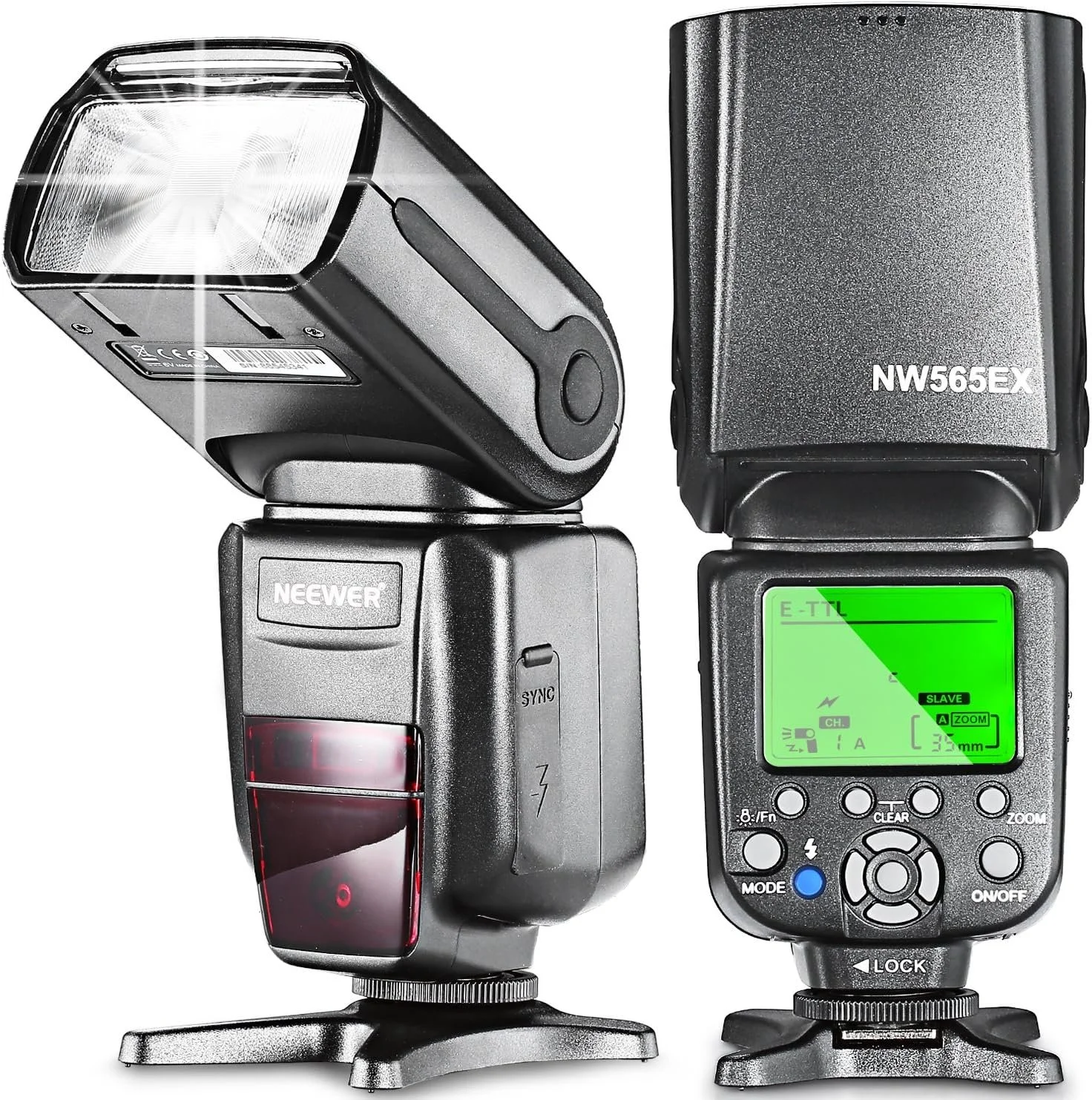 Two camera flashes with their triggers, one with a green LCD screen, set on a white background.