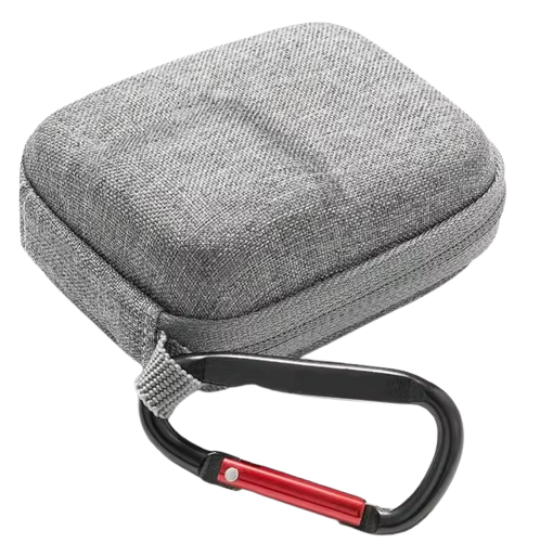 Gray padded carrying case with a black carabiner clip attached.