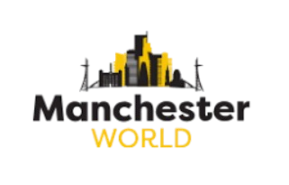 Logo for Manchester World featuring a skyline silhouette and stylized text.