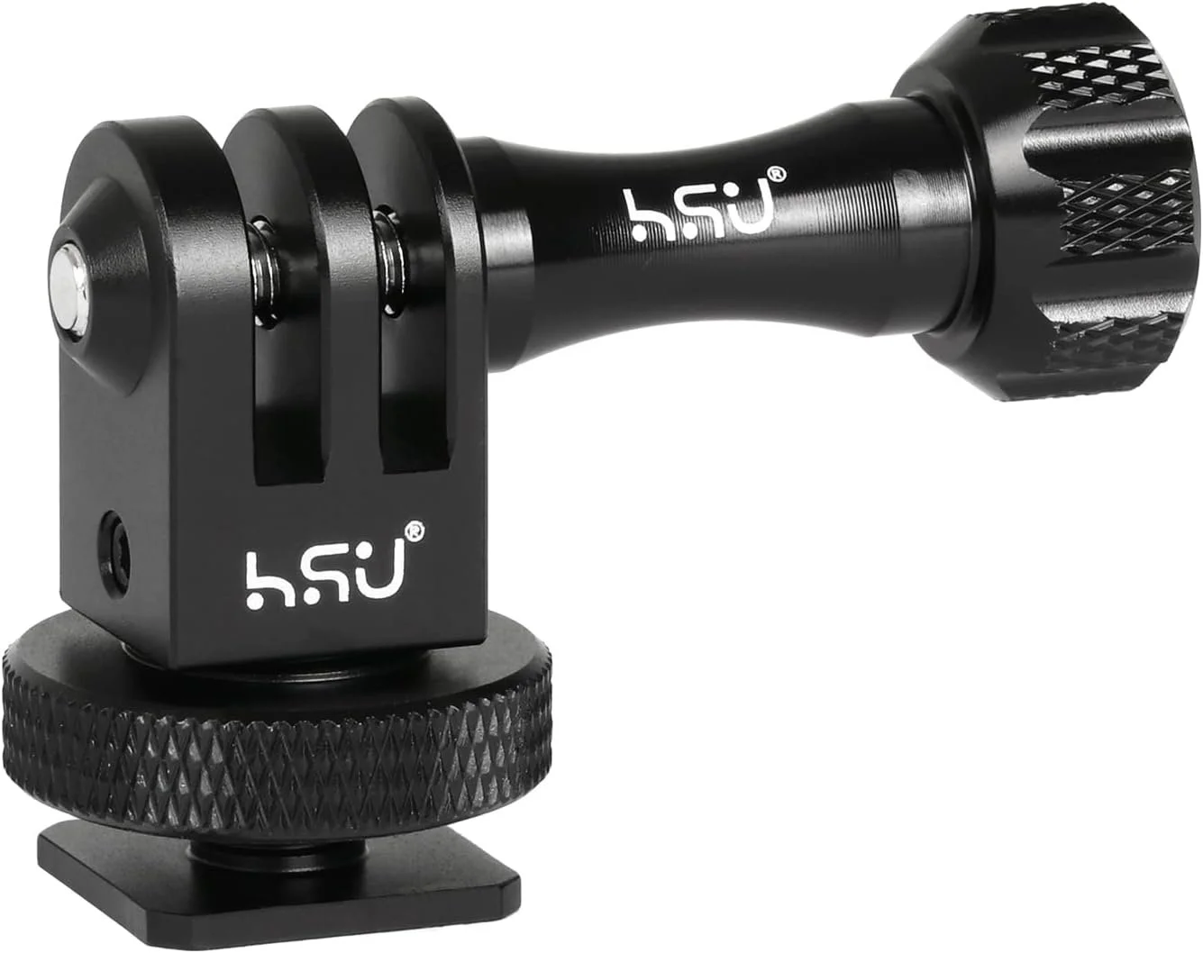 Black camera or camera accessory with adjustable mount and branding, likely used for photography or videography.