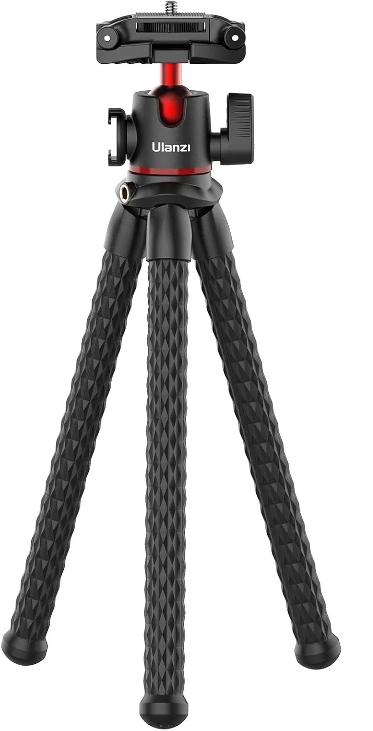 A black and red Ulanzi tripod with textured legs and a mounting plate on top.