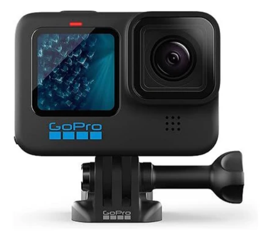 A GoPro action camera mounted on a small adjustable tripod.