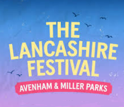 Poster for The Lancashire Festival at Avenham & Miller Parks with a blue and purple background and flying birds.